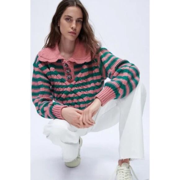 Zara Pink Green Striped Cable Knit Sweater Peter Pan Collar Womens Size L - Picture 1 of 9